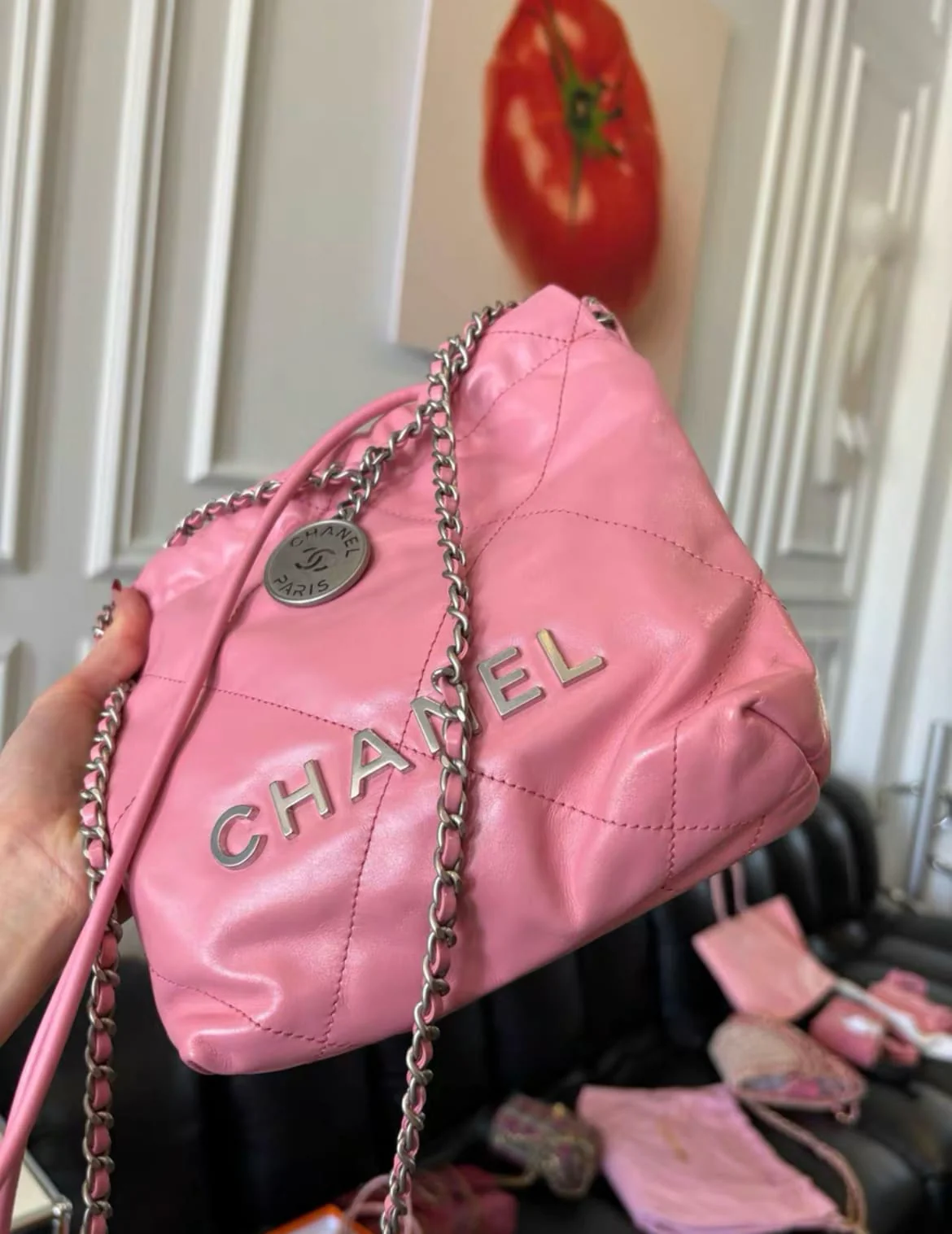 Chanel Mini 22 Bag Pink Calfskin Silver Hardware - Image 3