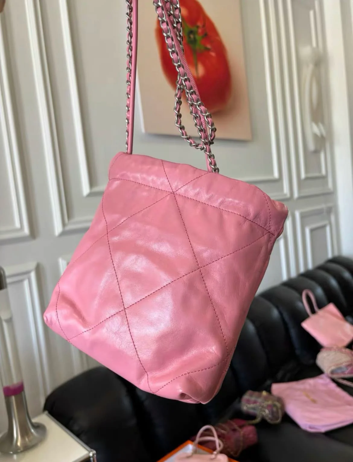 Chanel Mini 22 Bag Pink Calfskin Silver Hardware - Image 4