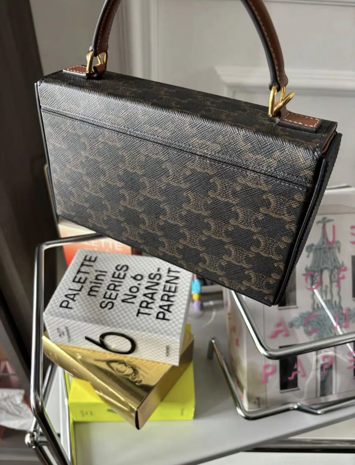 CELINE Triomphe Triumphal Arch Metal large lock old flower logo print full print canvas parquet leather box bag Shoulder crossbody - Image 2