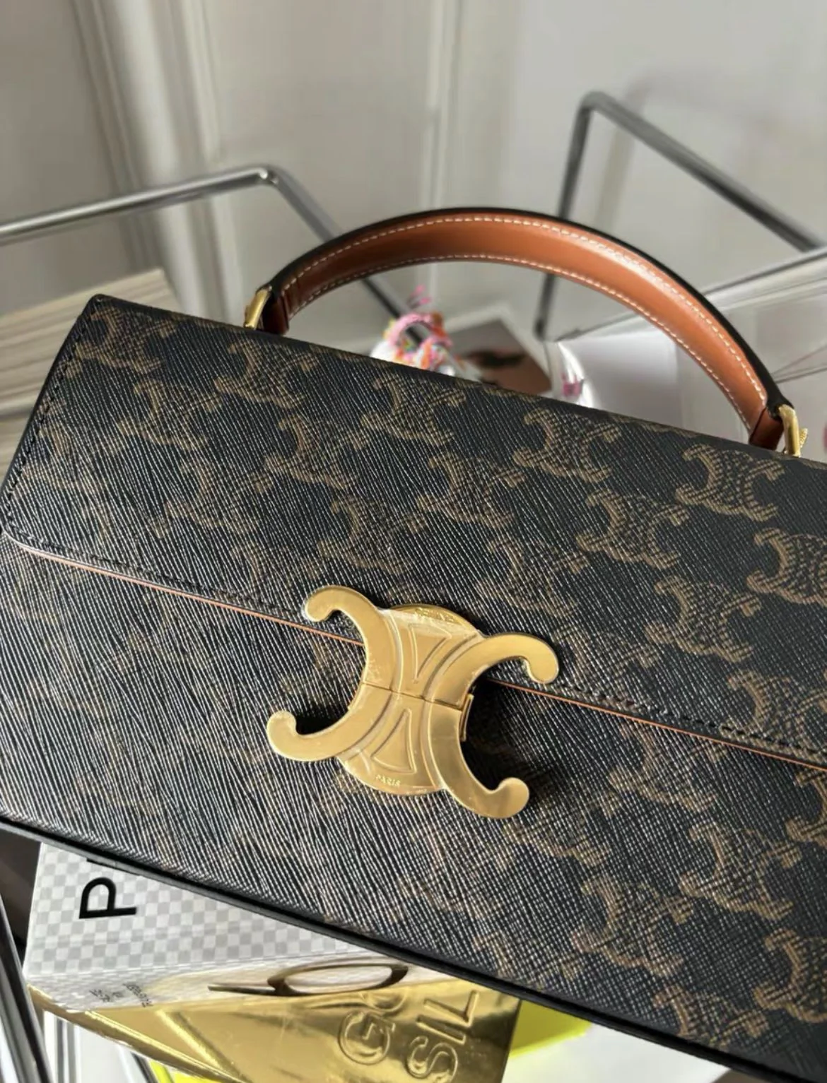 CELINE Triomphe Triumphal Arch Metal large lock old flower logo print full print canvas parquet leather box bag Shoulder crossbody - Image 5