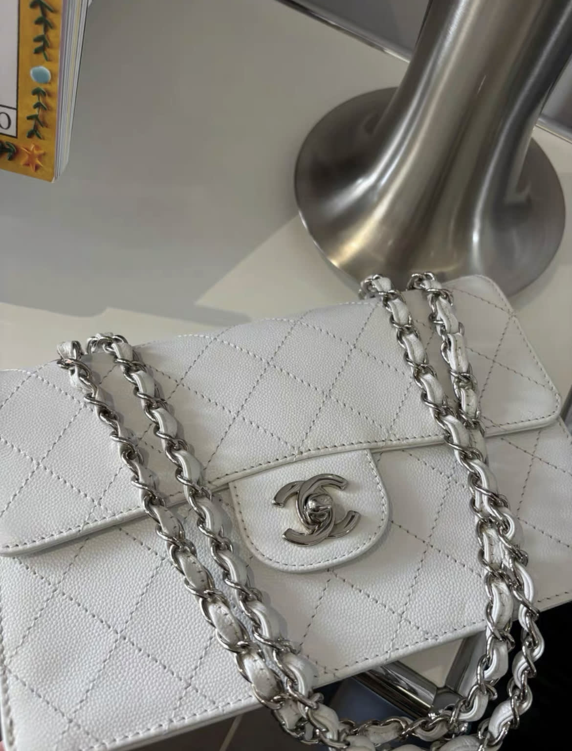 Chanel White Caviar Leather Classic Double Flap Shoulder Bag - Image 2