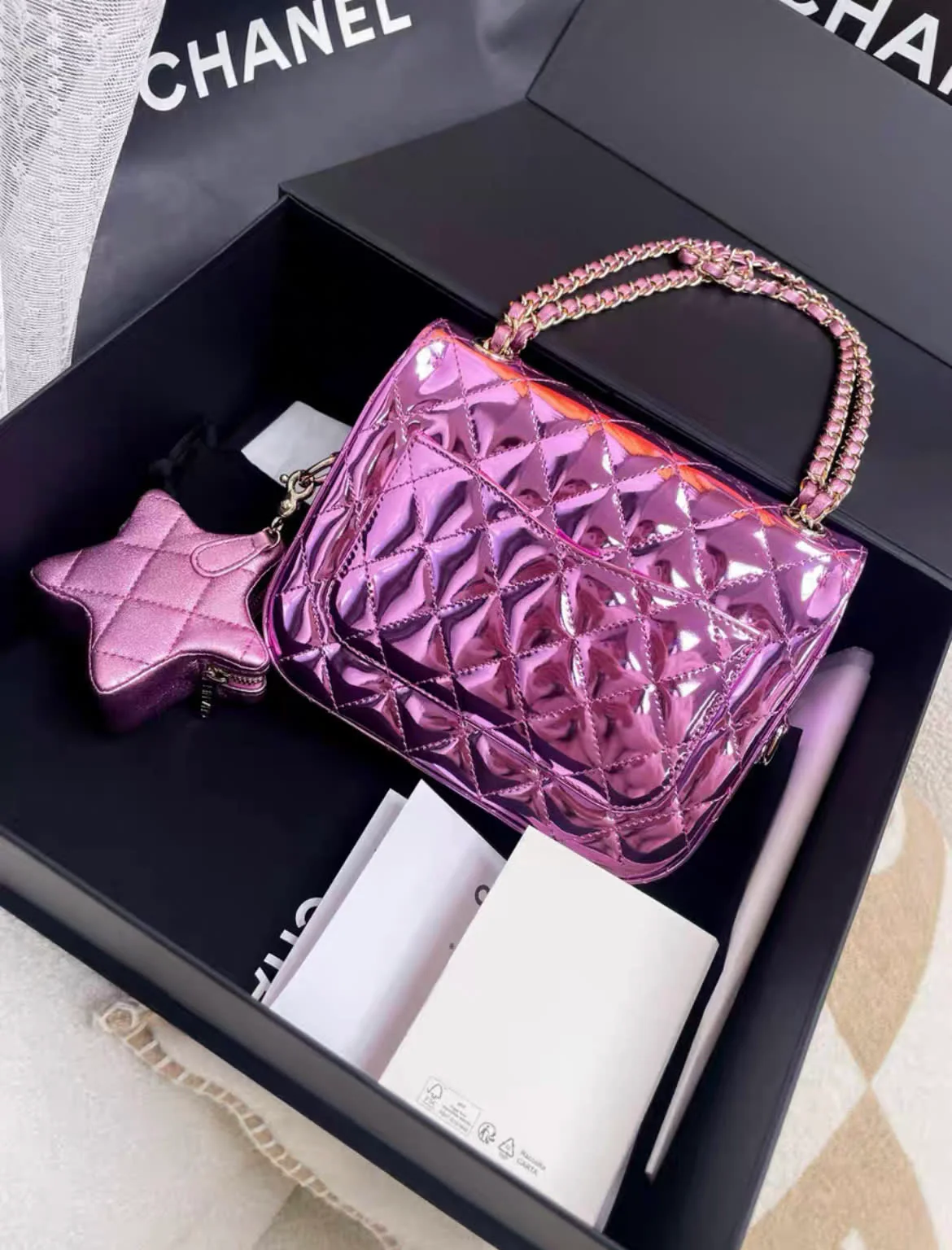 24C Chanel Purple Mirrored metallic Mini Square Flap Bag Star Handbag - Image 4