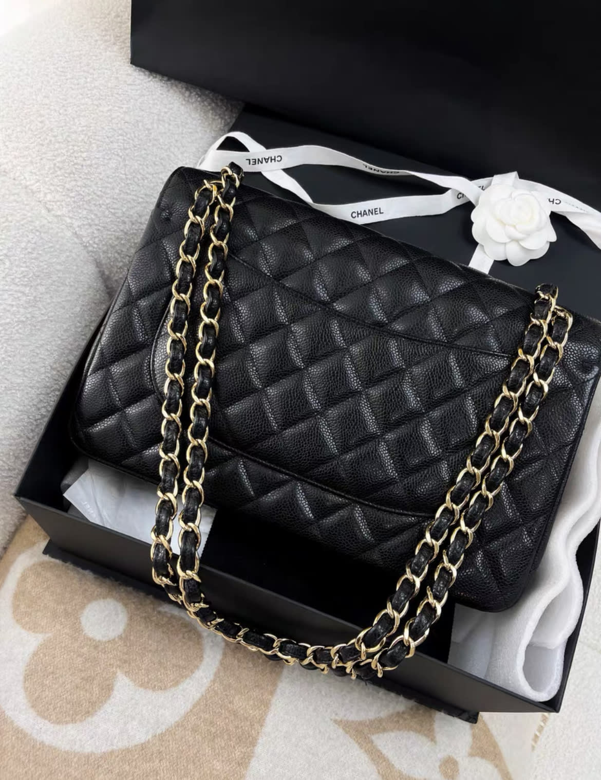 Chanel black lychee leather CF large jumbo chain bag - Image 3