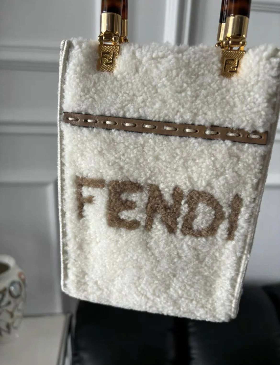 FENDI Sunshine Shopper mini leather-trimmed shearling tote - Image 4