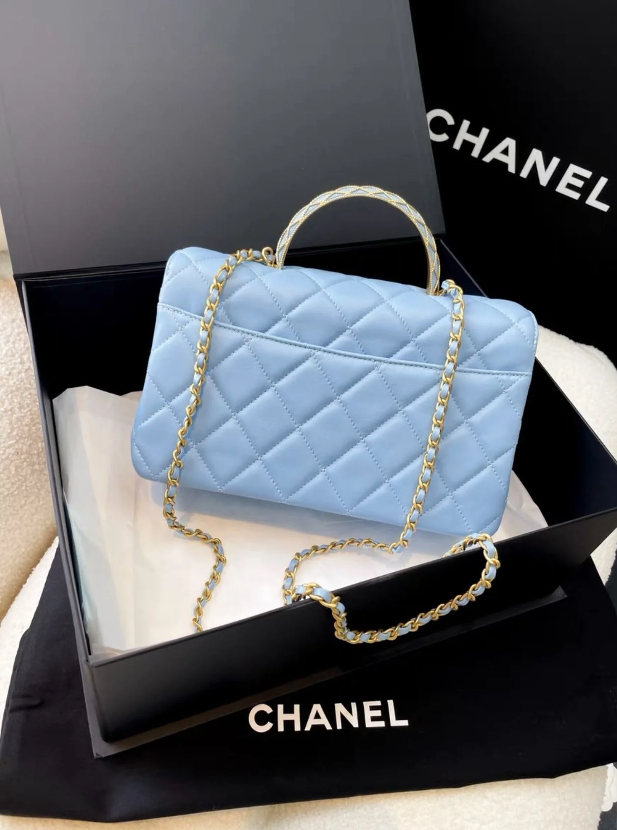 Chanel 23A Sky Blue gold hardware Chain Top Handle quilted leather Bag - Image 2