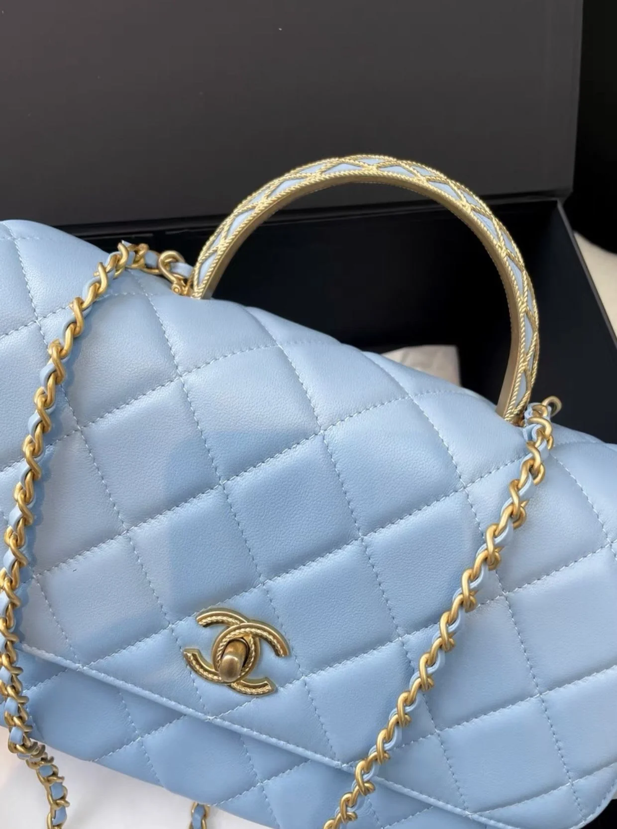 Chanel 23A Sky Blue gold hardware Chain Top Handle quilted leather Bag - Image 3