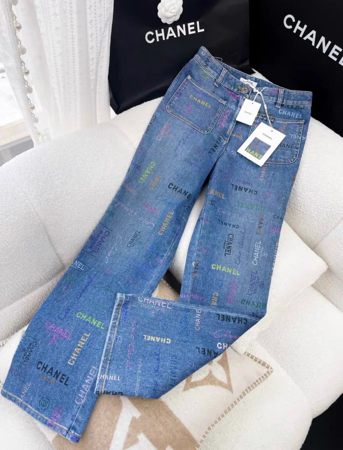 Chanel 22P blue denim graffiti jeans