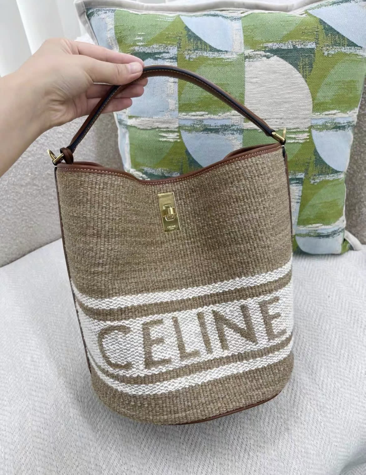 Celine Beige Bucket 16 Bag In Textile With Celine Jacquard - Image 3