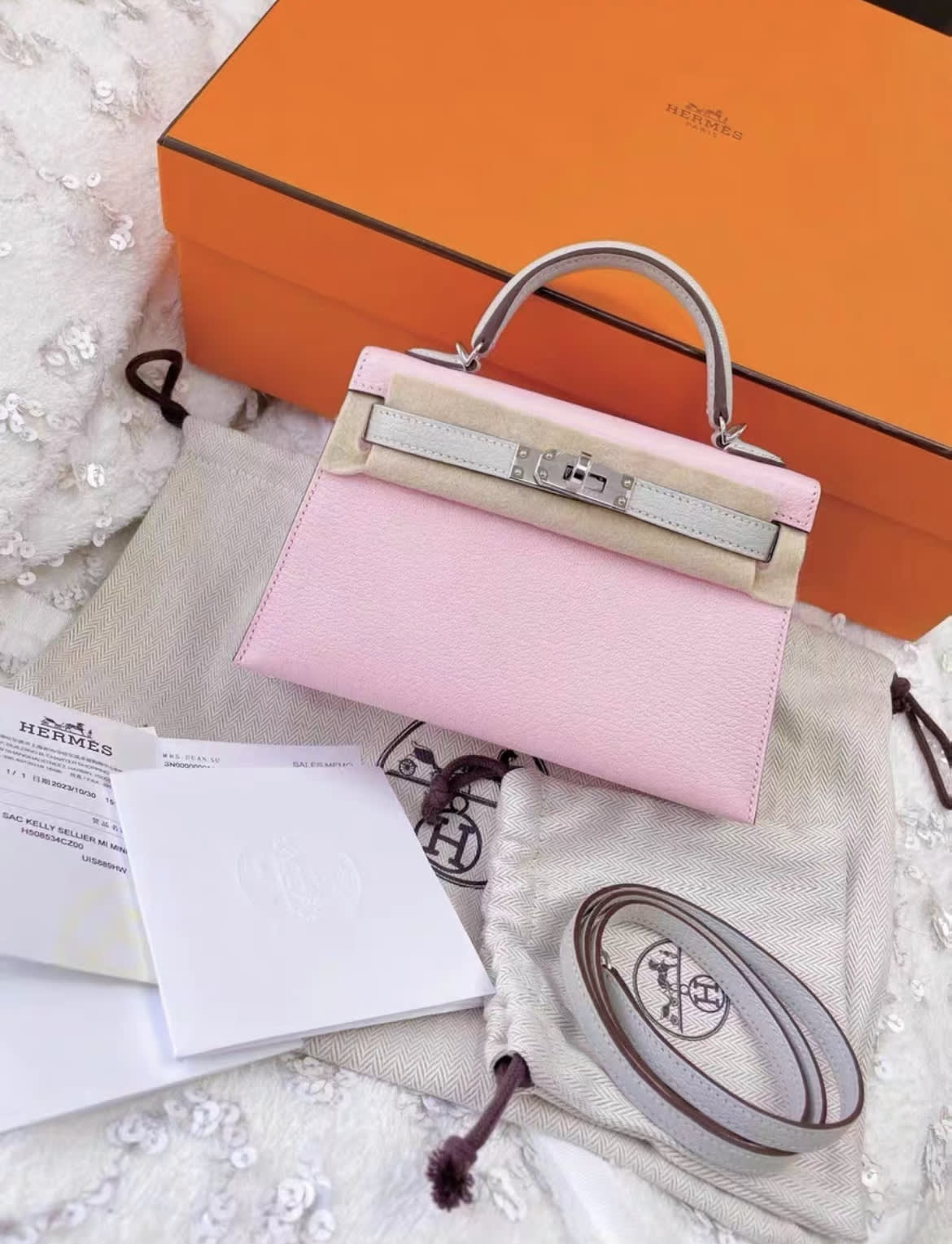 Hermes Mini Kelly II 20 Rose Sakura & Gris Perle Chèvre permabrass hardware