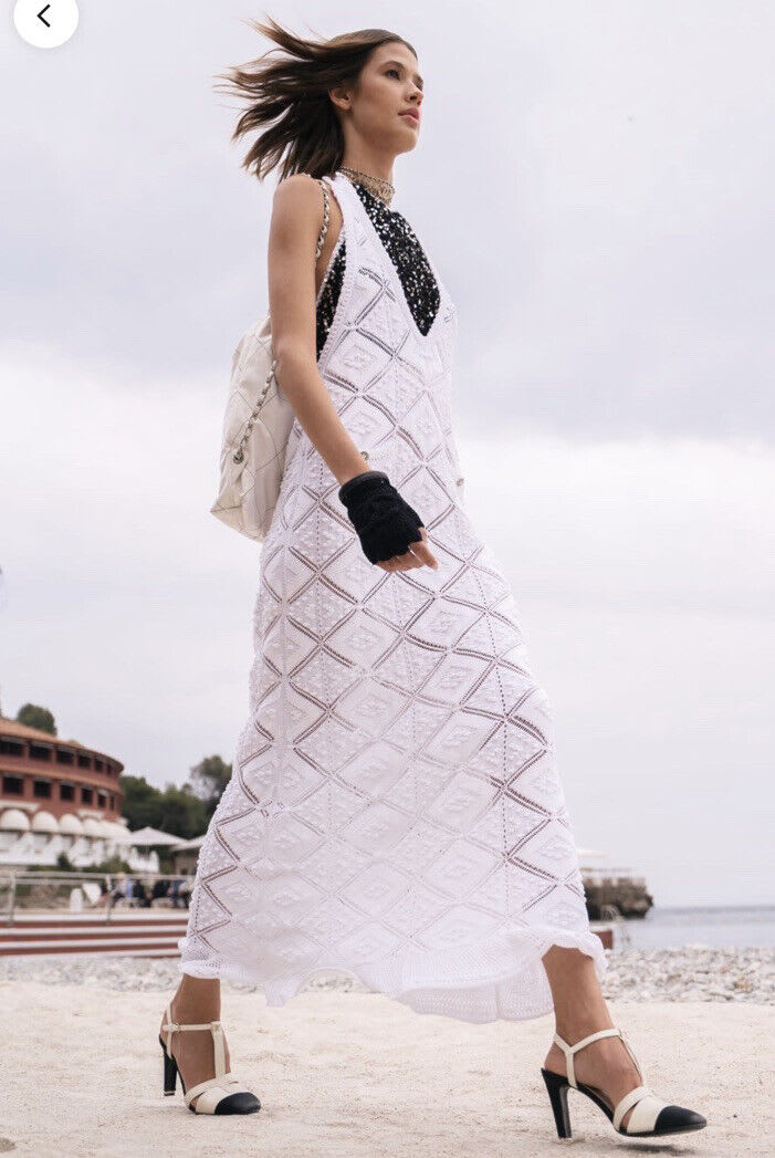 Chanel 23C Runway MONTE CARLO WHITE CROCHET KNIT MACRAME DRESS 38FR - Image 3