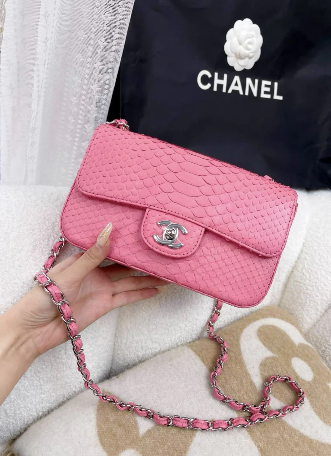 Chanel pink snake leather cf large mini