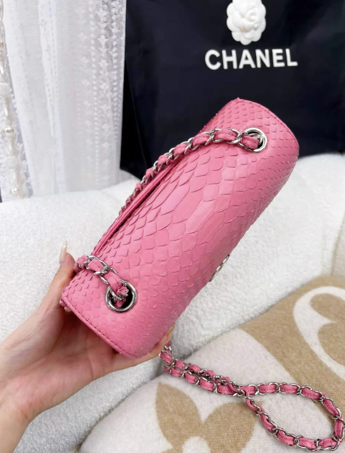 Chanel pink snake leather cf large mini - Image 3
