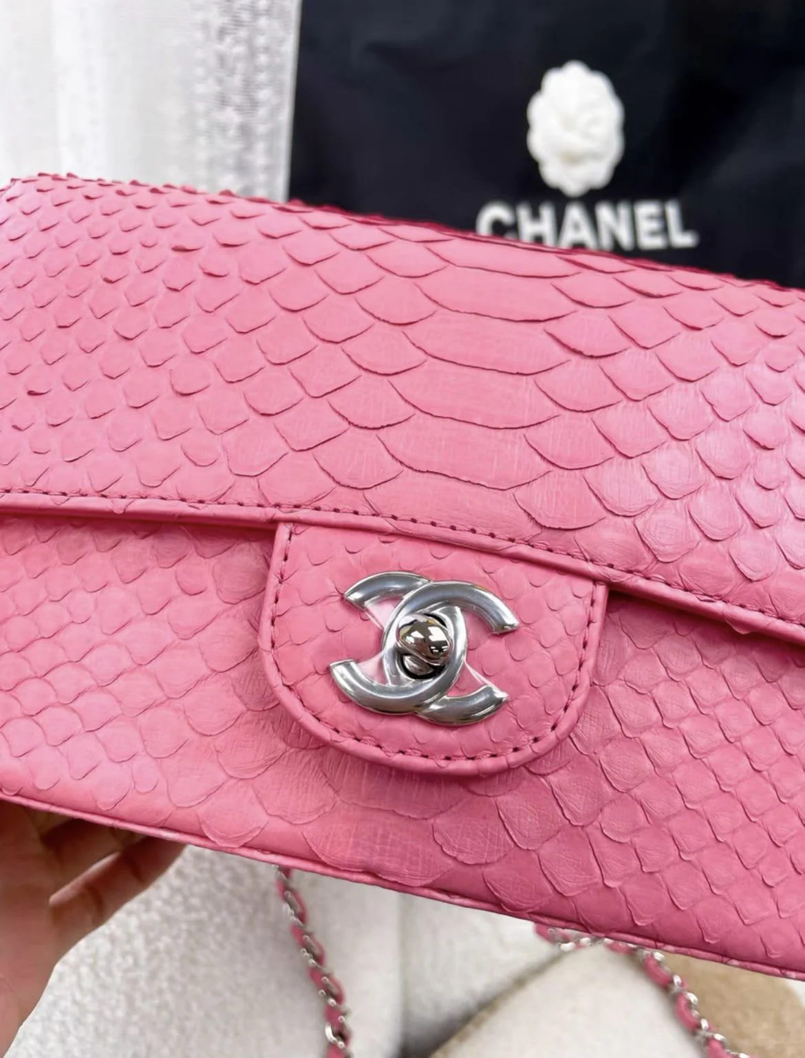 Chanel pink snake leather cf large mini - Image 4