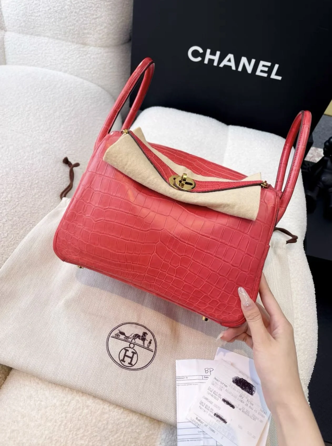 Hermes Lindy26, red gold buckle two-point matte crocodile leather