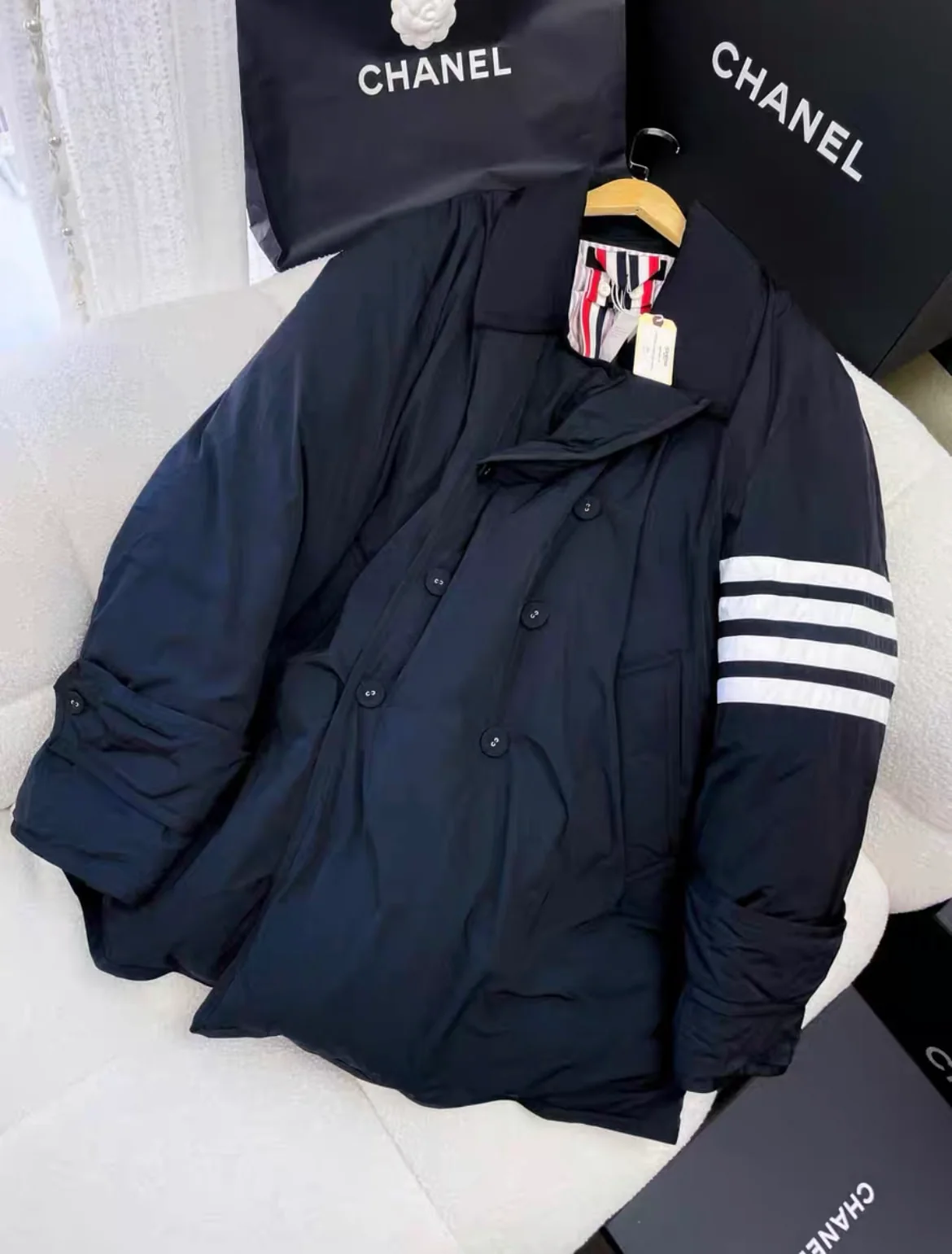 Thom Browne classic four-stripe black down jacket