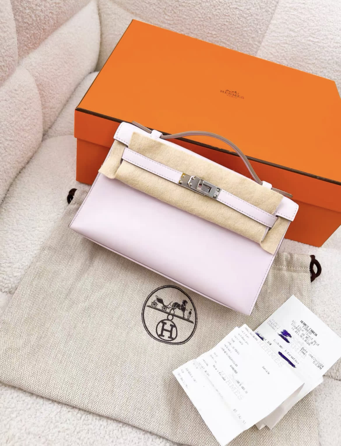 Hermès Kelly Pochette Mauve Pale Swift Palladium Hardware