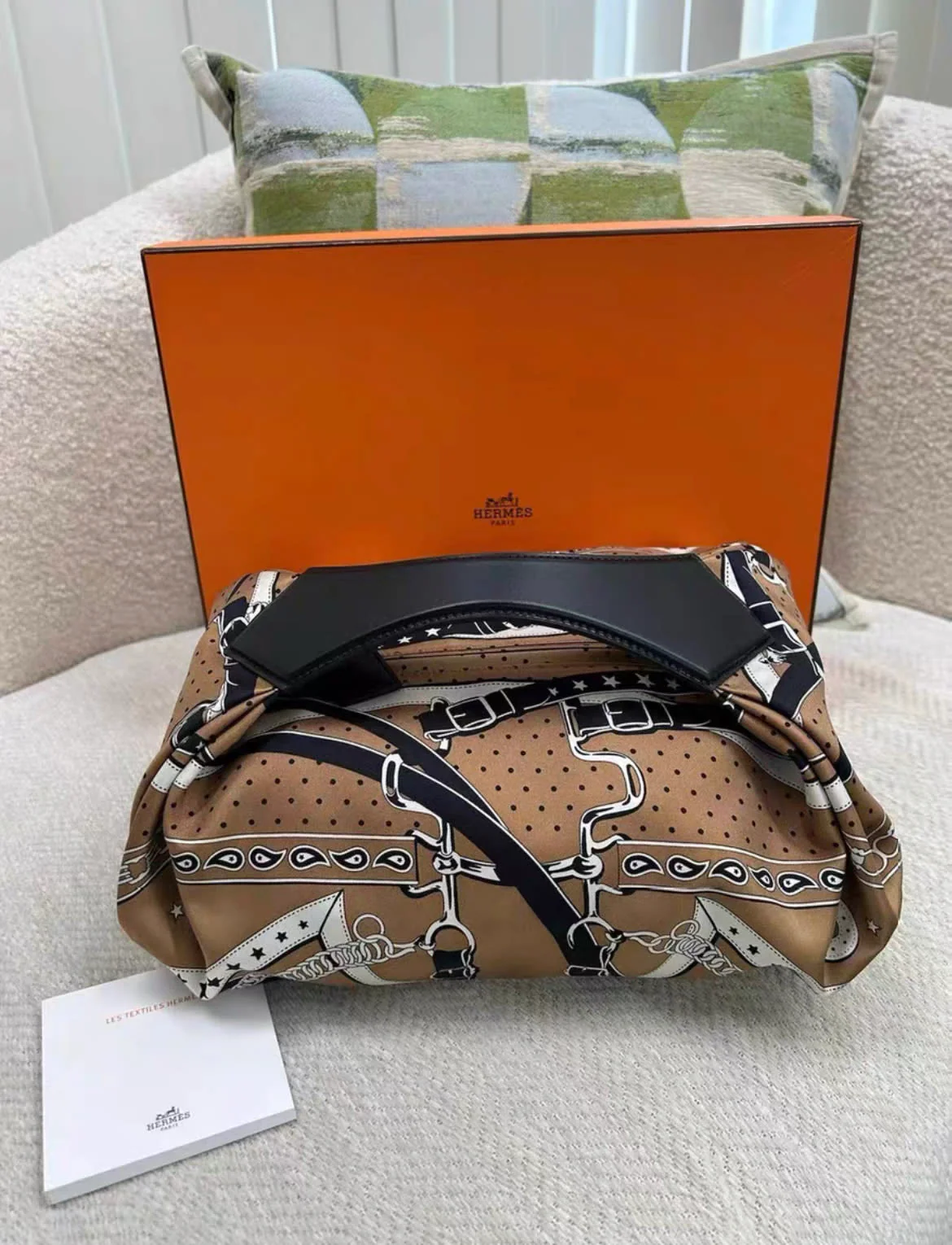 Hermes Balusoie bag printed silk and Hunter cowhide