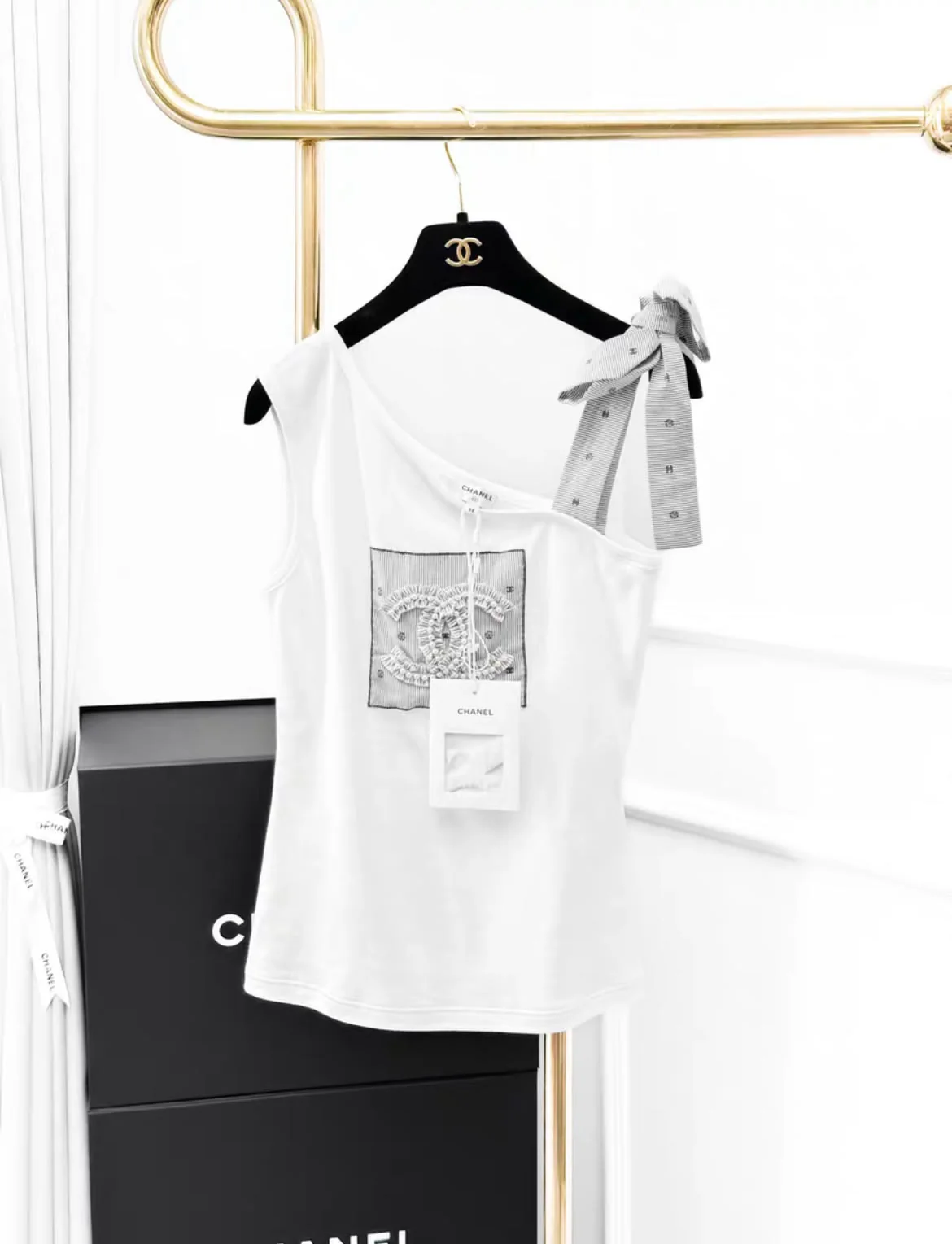 Chanel 24P white double C one shoulder top