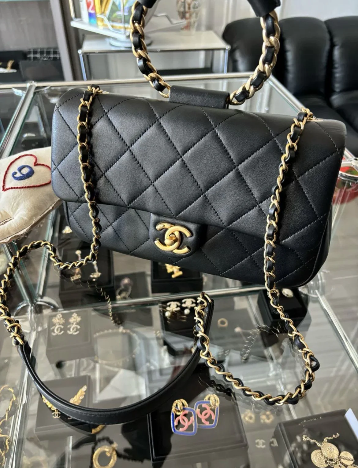 Chanel Circular Handle Flap Bag Black Lambskin Aged Gold Hardware
