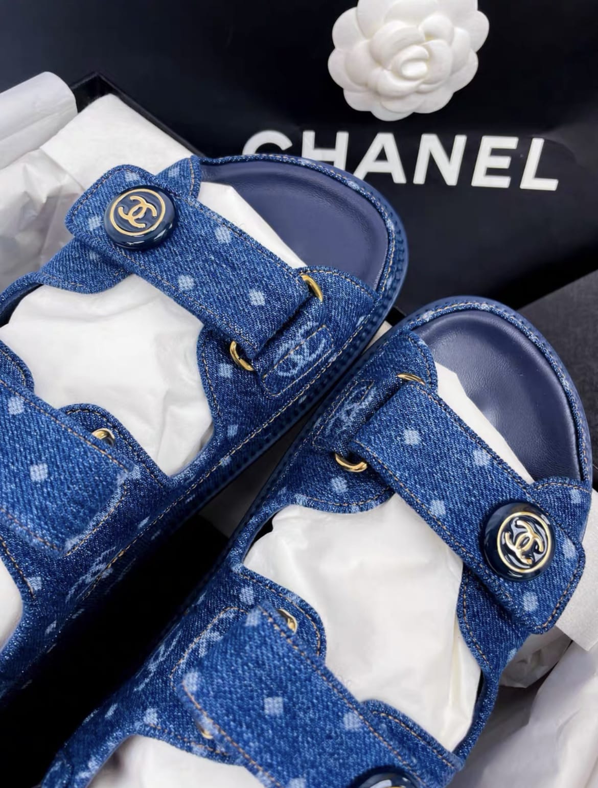 Chanel 23p denim blue double C polka dot Velcro dad sandals - Image 4