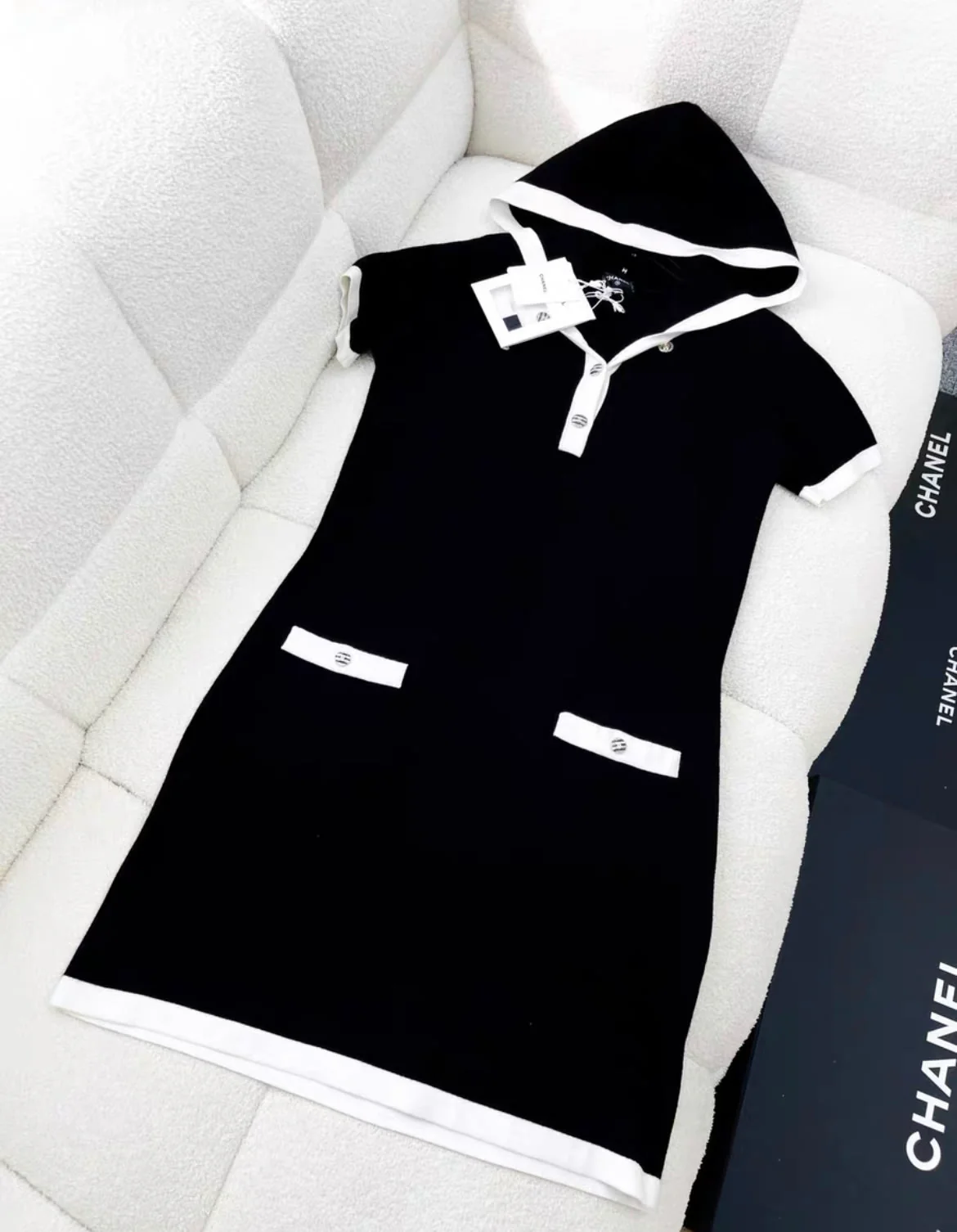 Chanel 24C black and white knitted hoodie dress