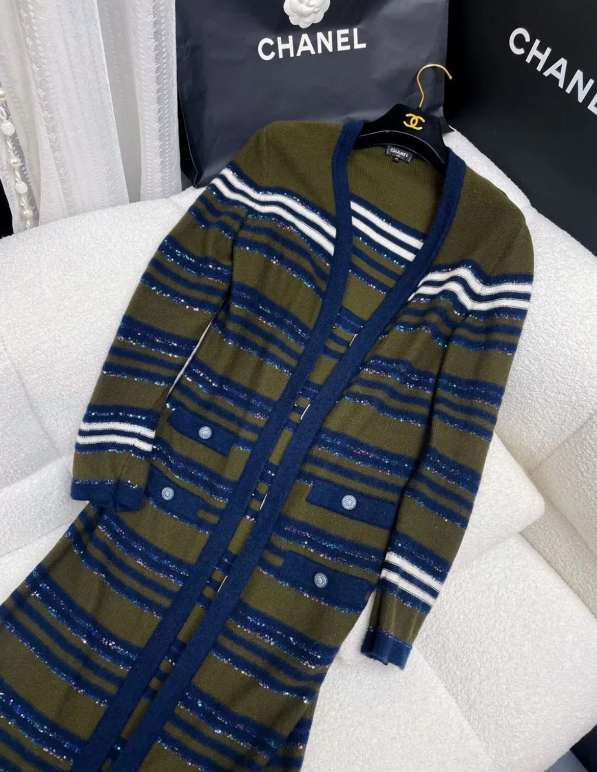Chanel 20A dark green and blue knitted striped long cardigan - Image 3