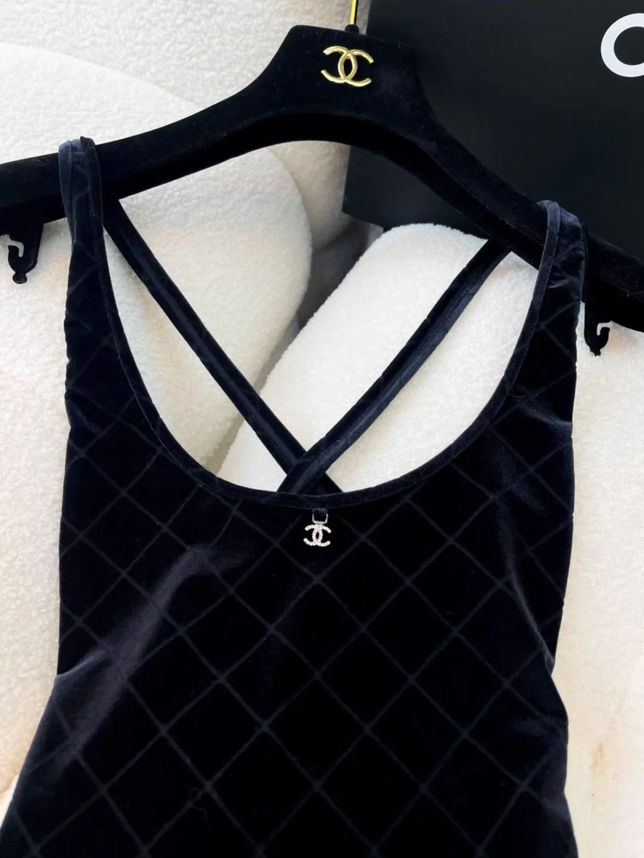 Chanel 23 Coco beach black suede plaid one-piece swimsuit - Image 2
