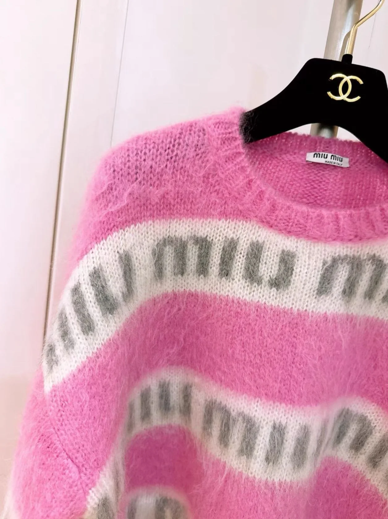 Miu Miu Pink and White Logo Mohair Sweater - Image 3