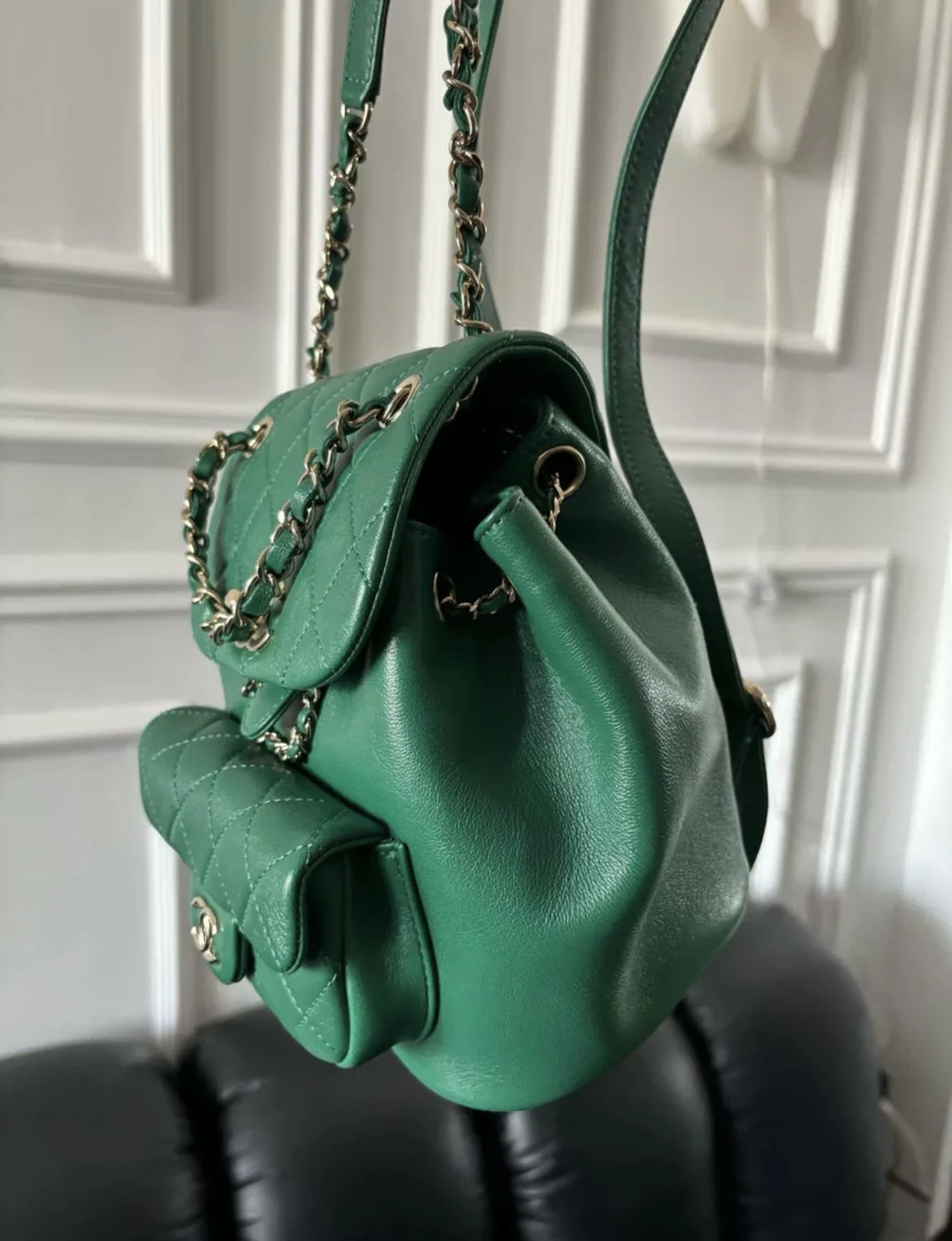 Chanel 22 Small Duma Backpack Green Lambskin Light Gold Hardware - Image 3