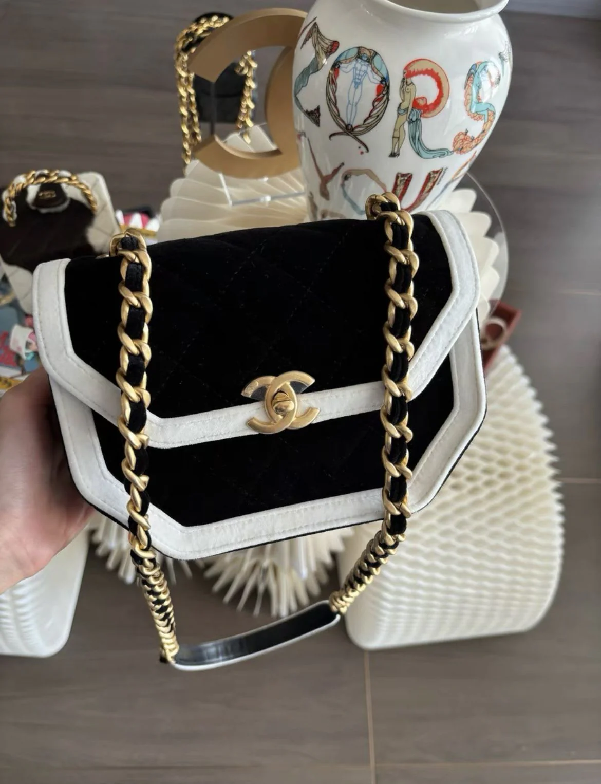 Chanel Seasonal Flap Bag, Black and White Velvet with Gold Hardware - Image 2