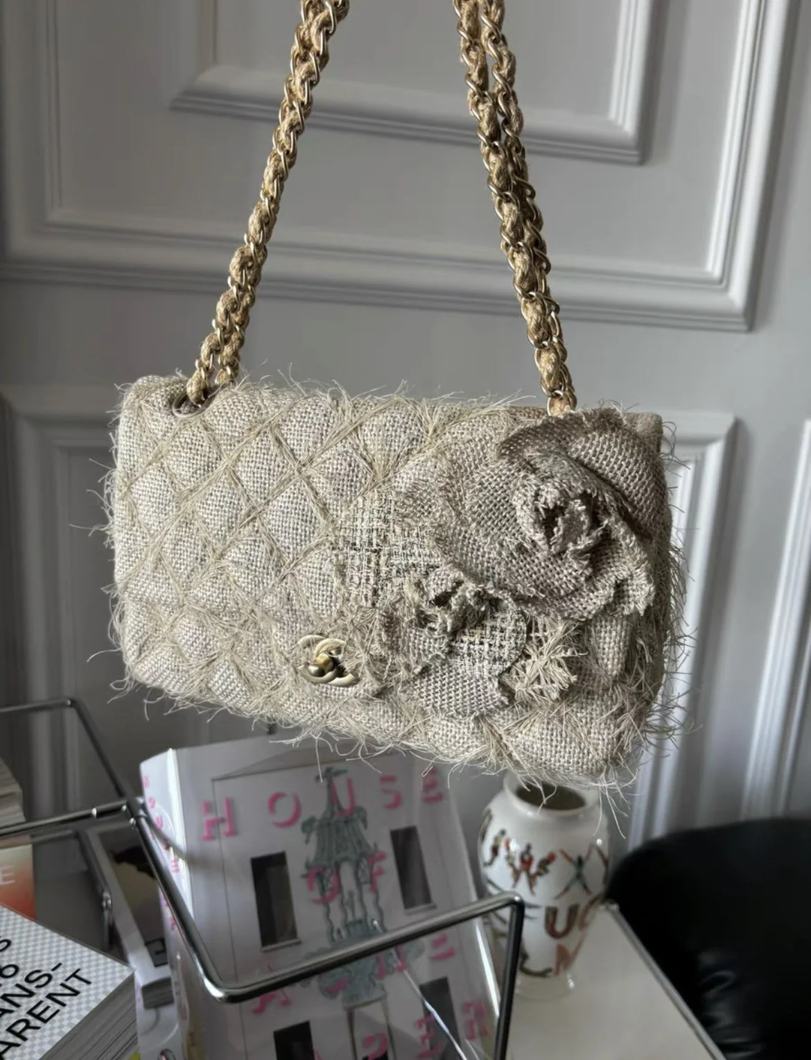 Chanel Camellia Linen Matelasse Chain Flap Bag