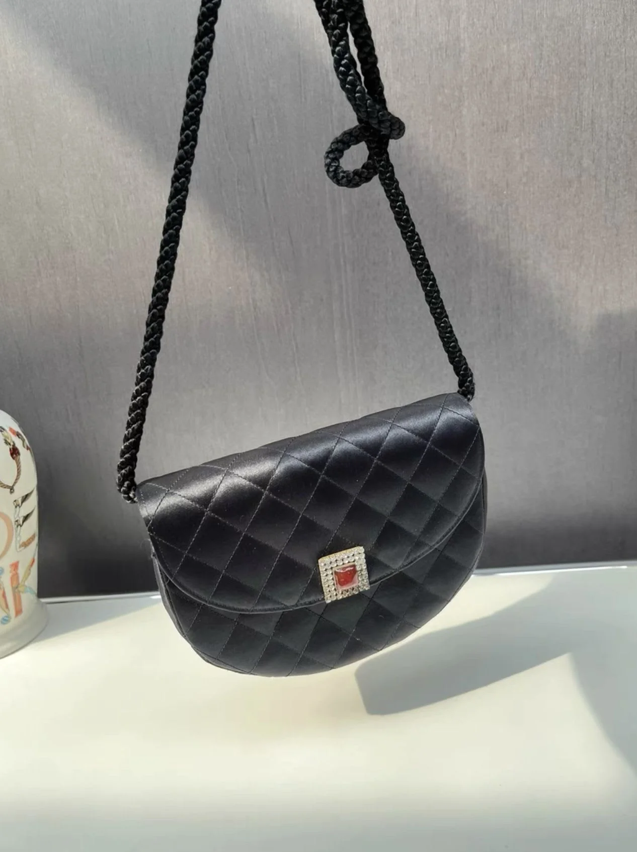 Vintage Chanel Diamond Satin Half Moon Bag - Image 3