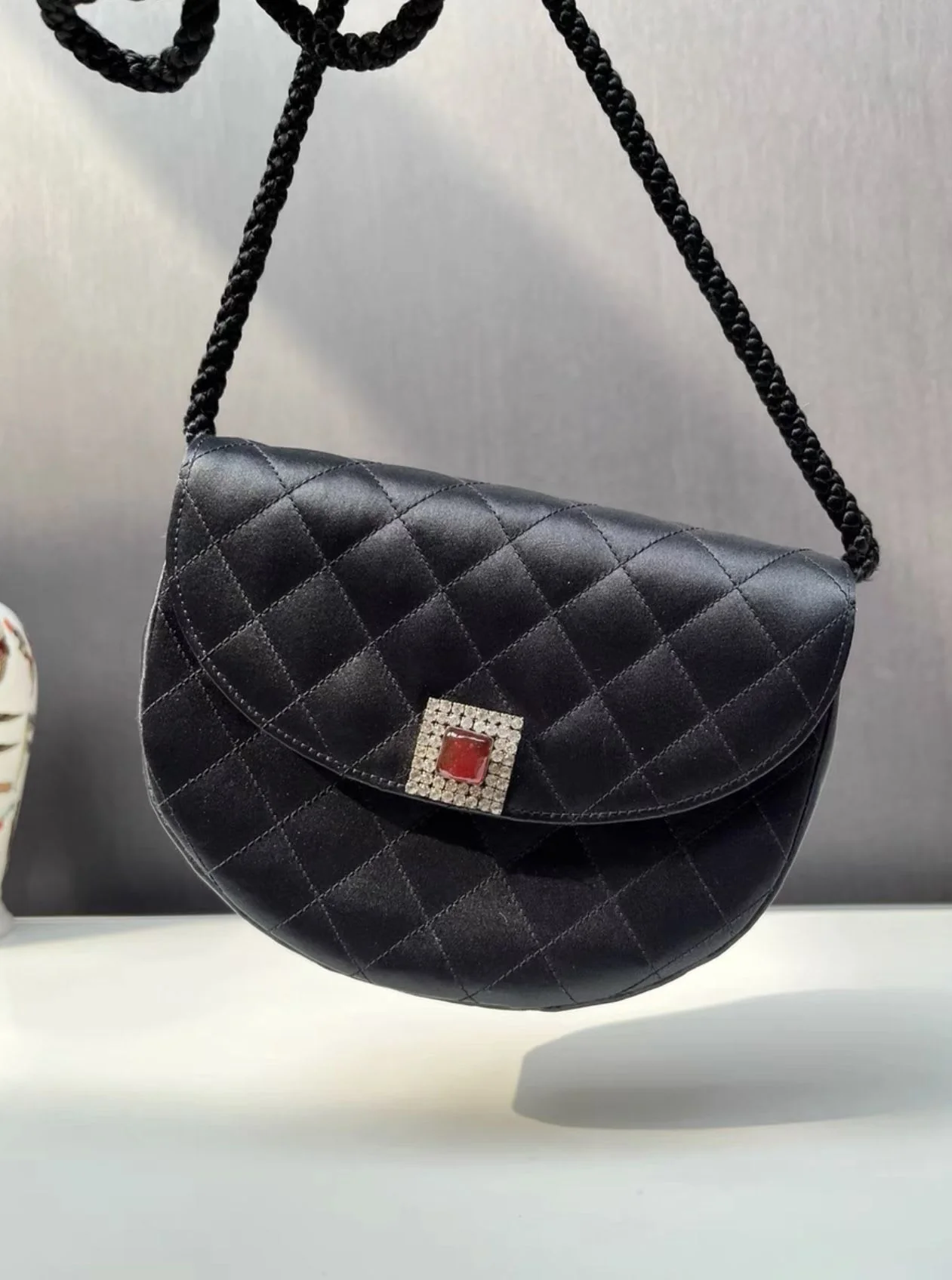 Vintage Chanel Diamond Satin Half Moon Bag - Image 4