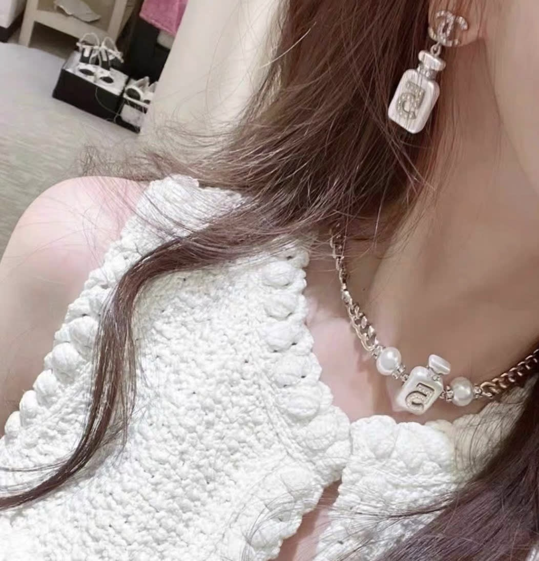 Chanel 22S No. 5 White Perfume Bottle Pendant Diamond Double C Earrings - Image 2