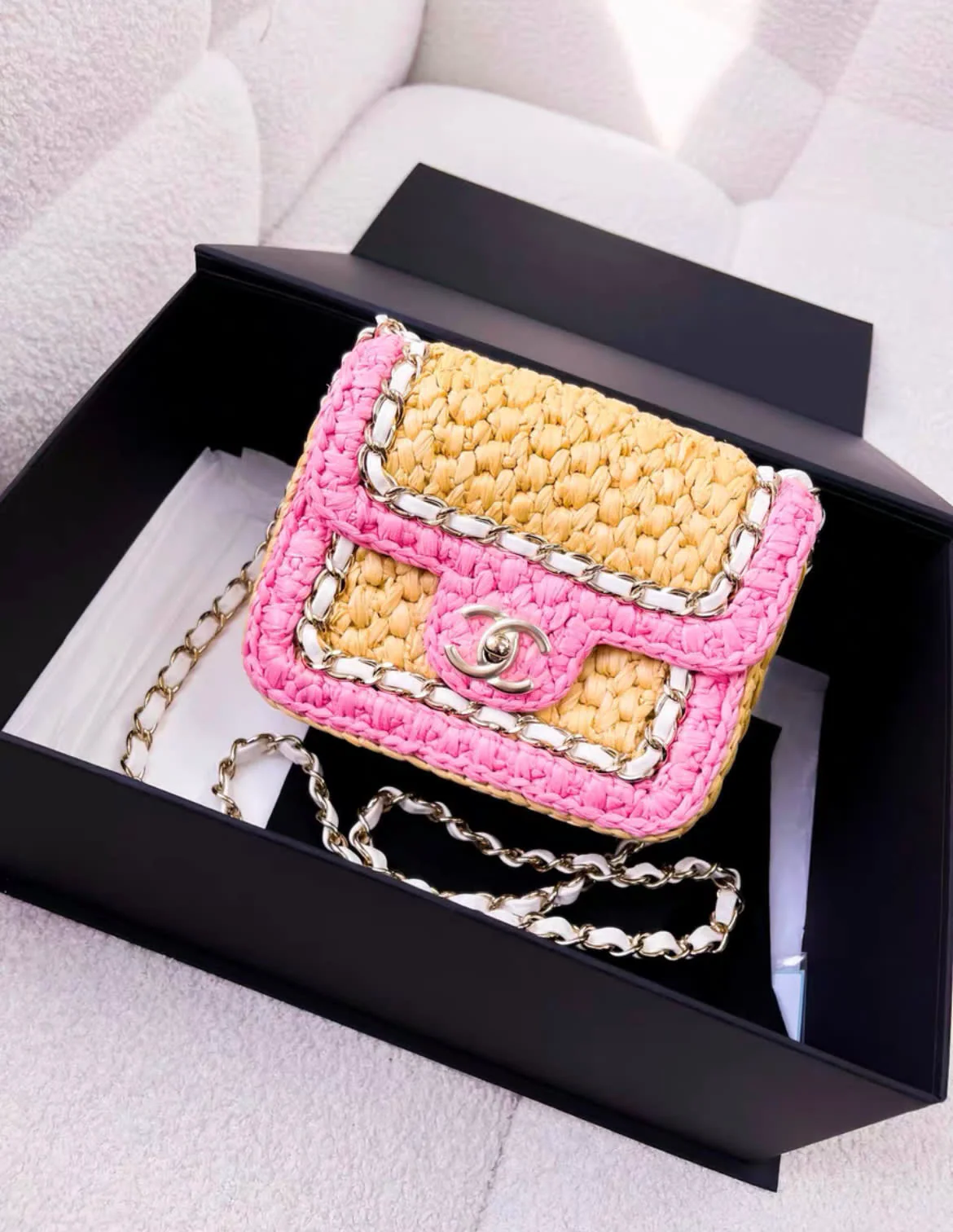 Rare Chanel 24C Mini Flap Bag Pink Raffia Effect Braid/Metal