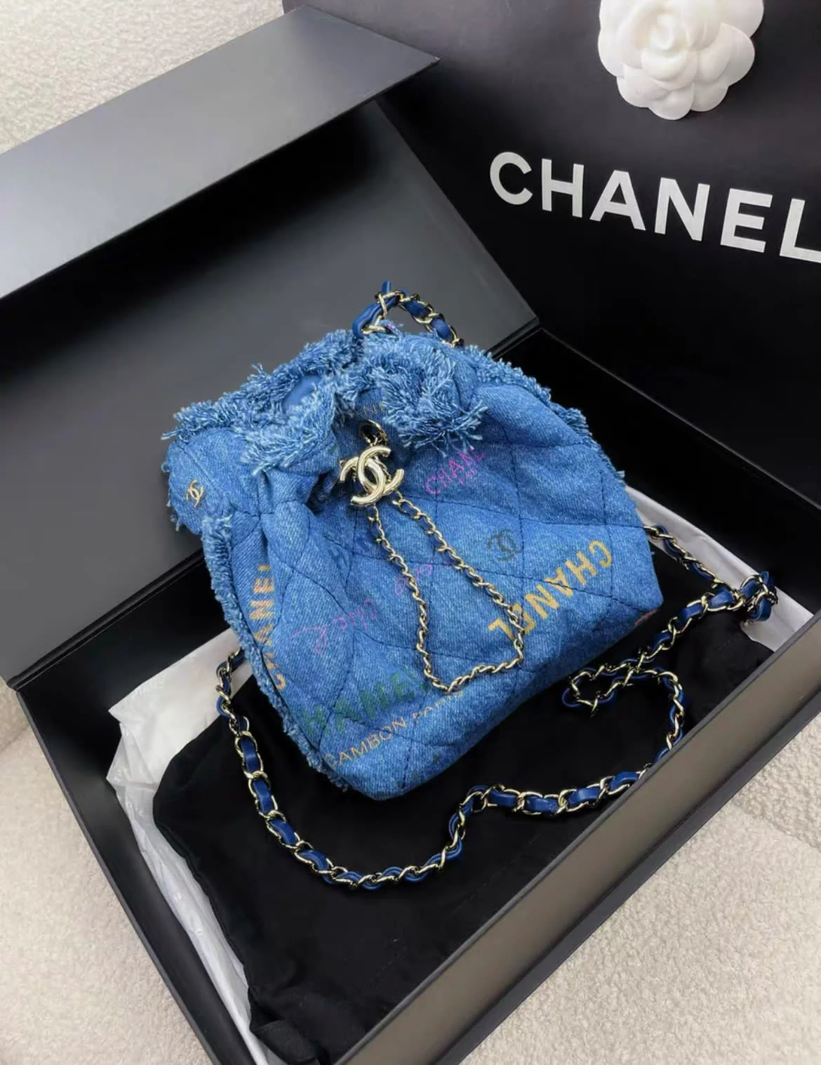 Chanel Blue Denim Logo Printed Quilted Mini Mood Bucket Bag Gold Hardware, 2022