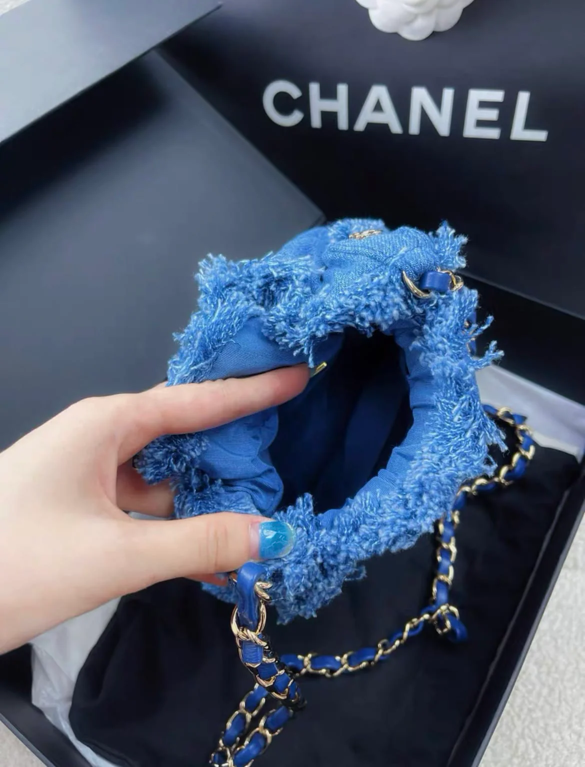 Chanel Blue Denim Logo Printed Quilted Mini Mood Bucket Bag Gold Hardware, 2022 - Image 2