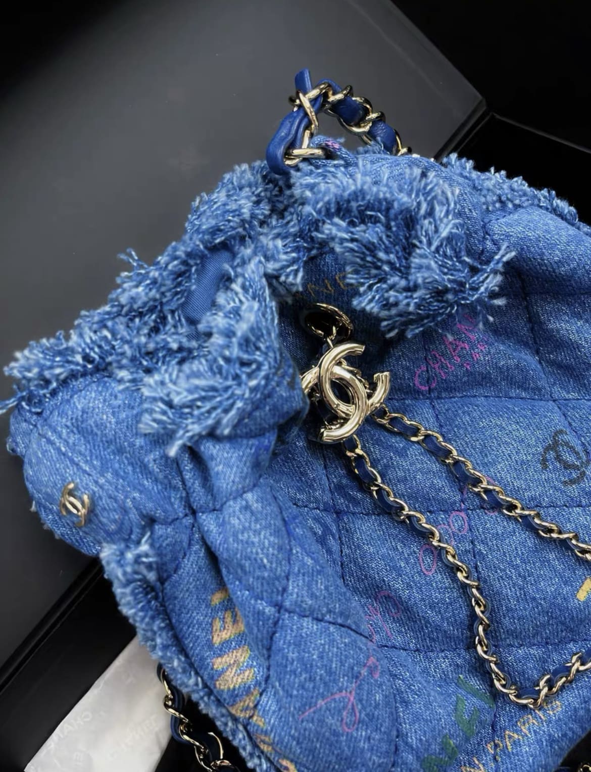 Chanel Blue Denim Logo Printed Quilted Mini Mood Bucket Bag Gold Hardware, 2022 - Image 3