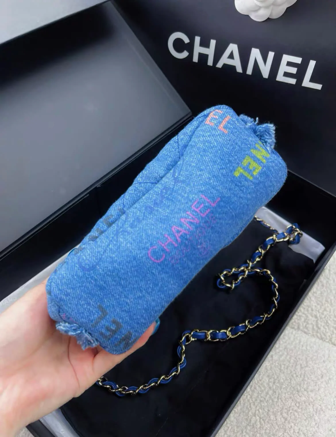 Chanel Blue Denim Logo Printed Quilted Mini Mood Bucket Bag Gold Hardware, 2022 - Image 4