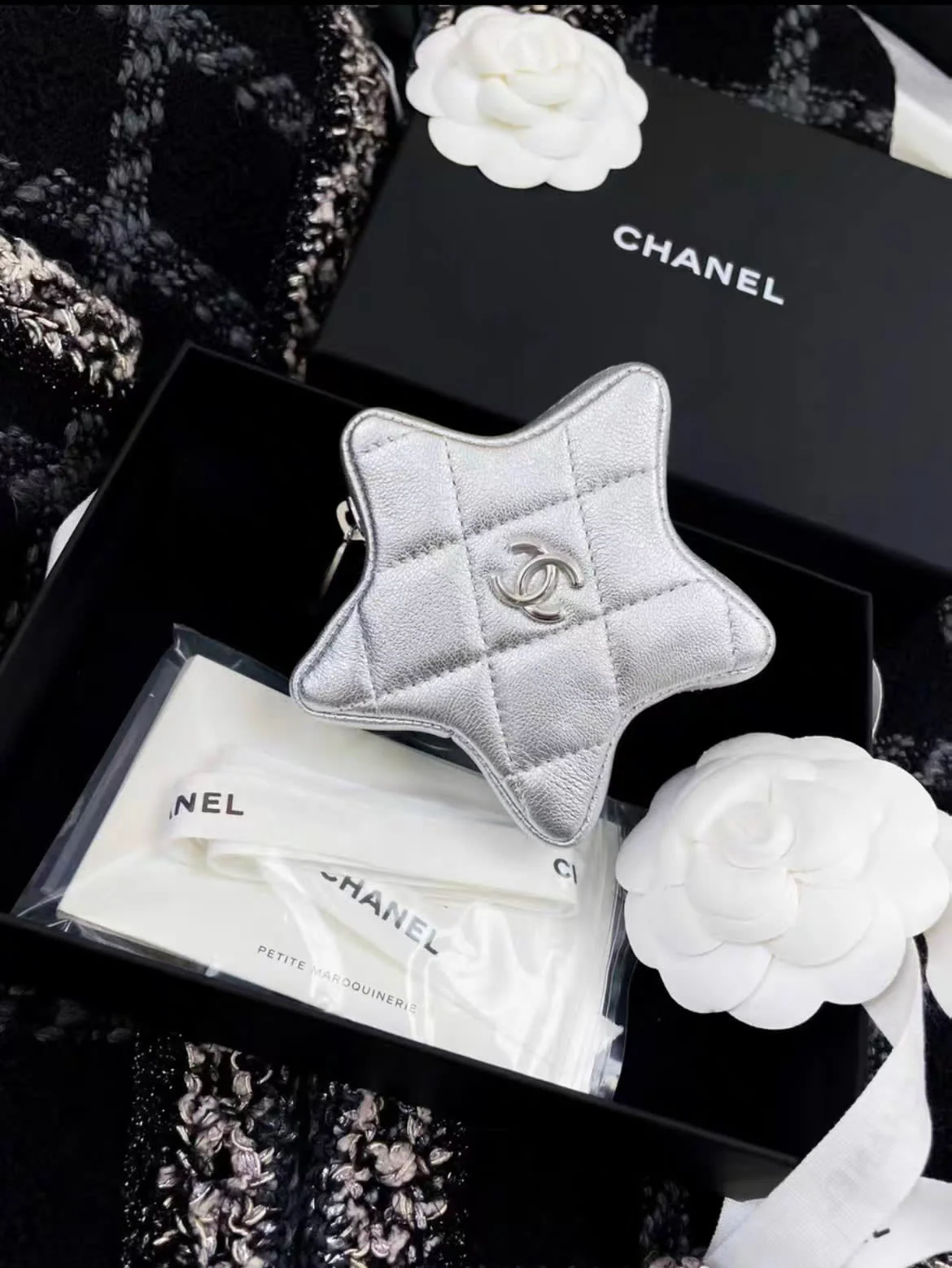 24C Chanel Mini Silver metallic lambskin STAR CC Logo Coin Purse charm