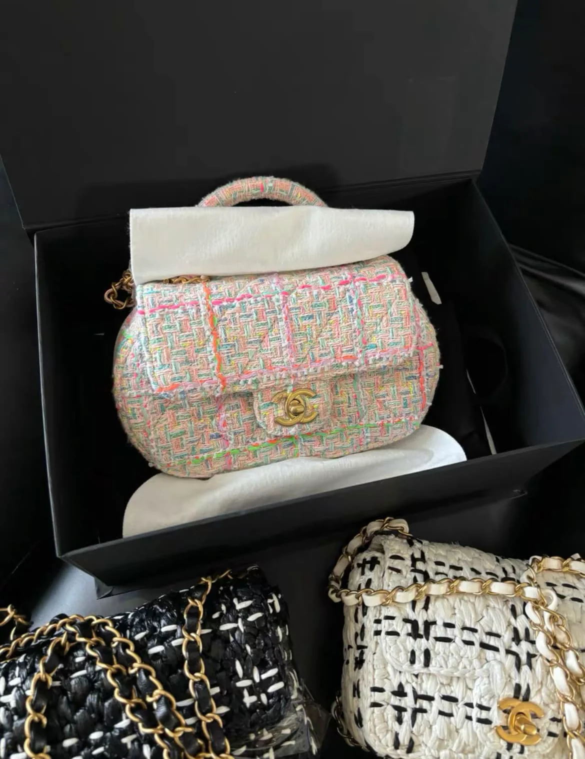Chanel Mini Flap Bag with Top Handle Pink Tweed Antique Gold Hardware