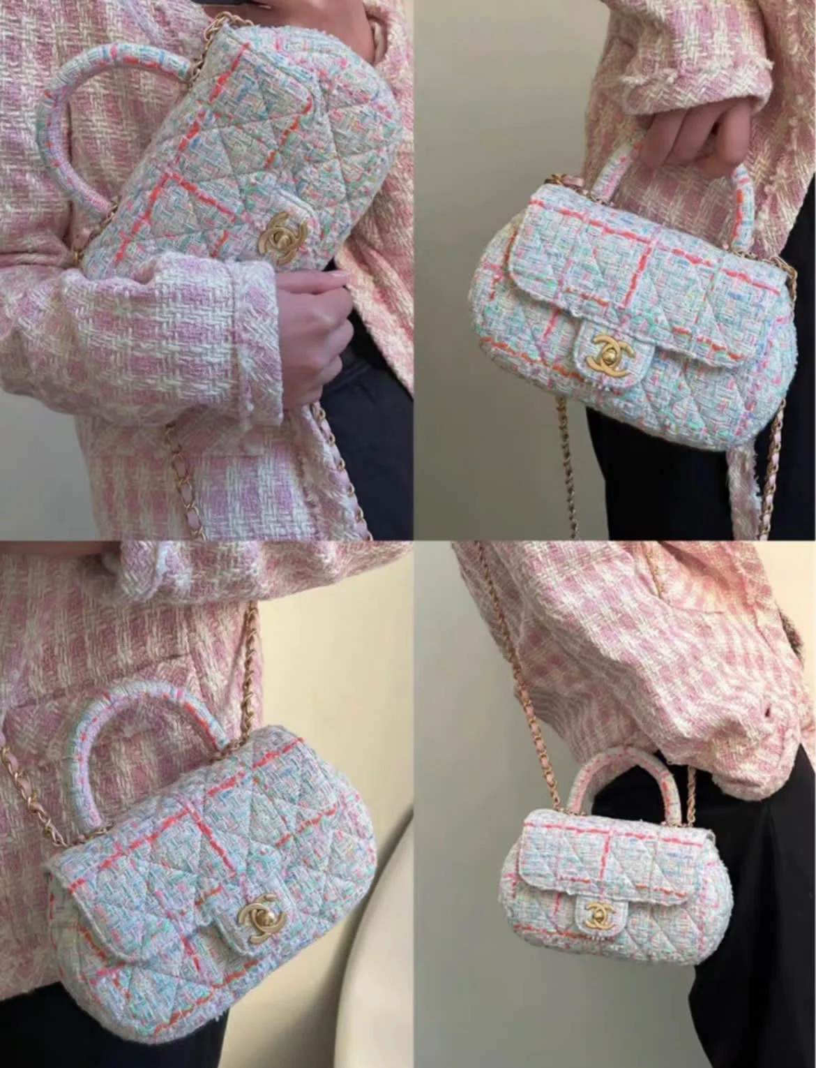 Chanel Mini Flap Bag with Top Handle Pink Tweed Antique Gold Hardware - Image 3