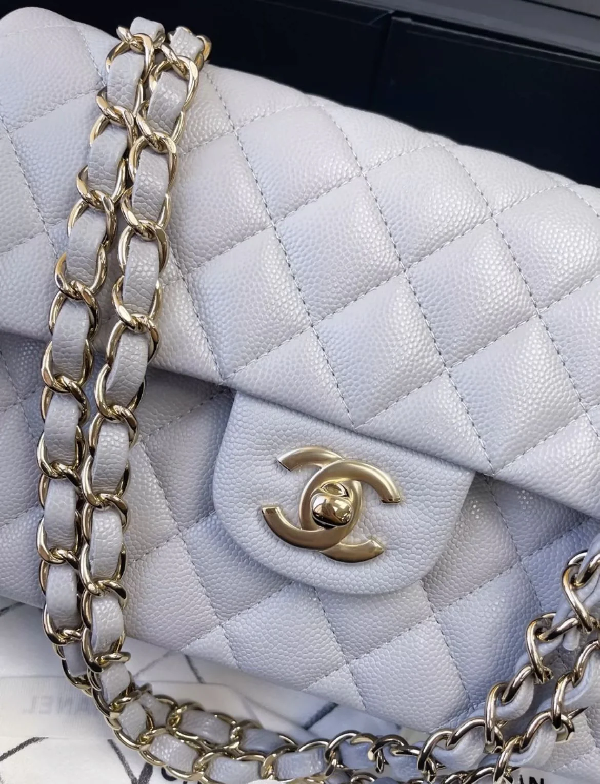 Chanel Small Classic Double Flap Pearl Grey Caviar Gold Hardware - Image 3