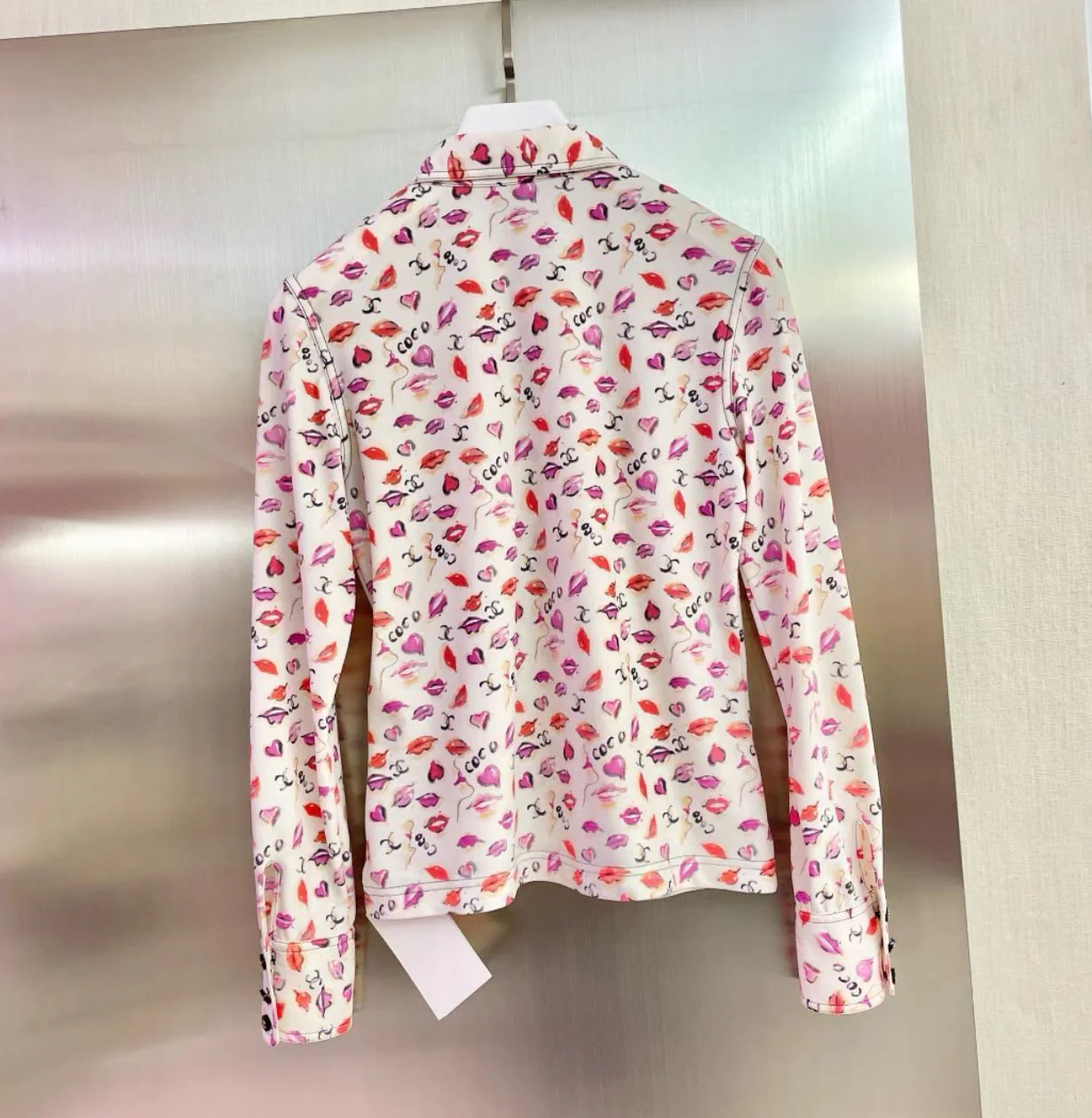 CHANEL Lips Front Opening Long Sleeve Tops Shirt White Pink - Image 3