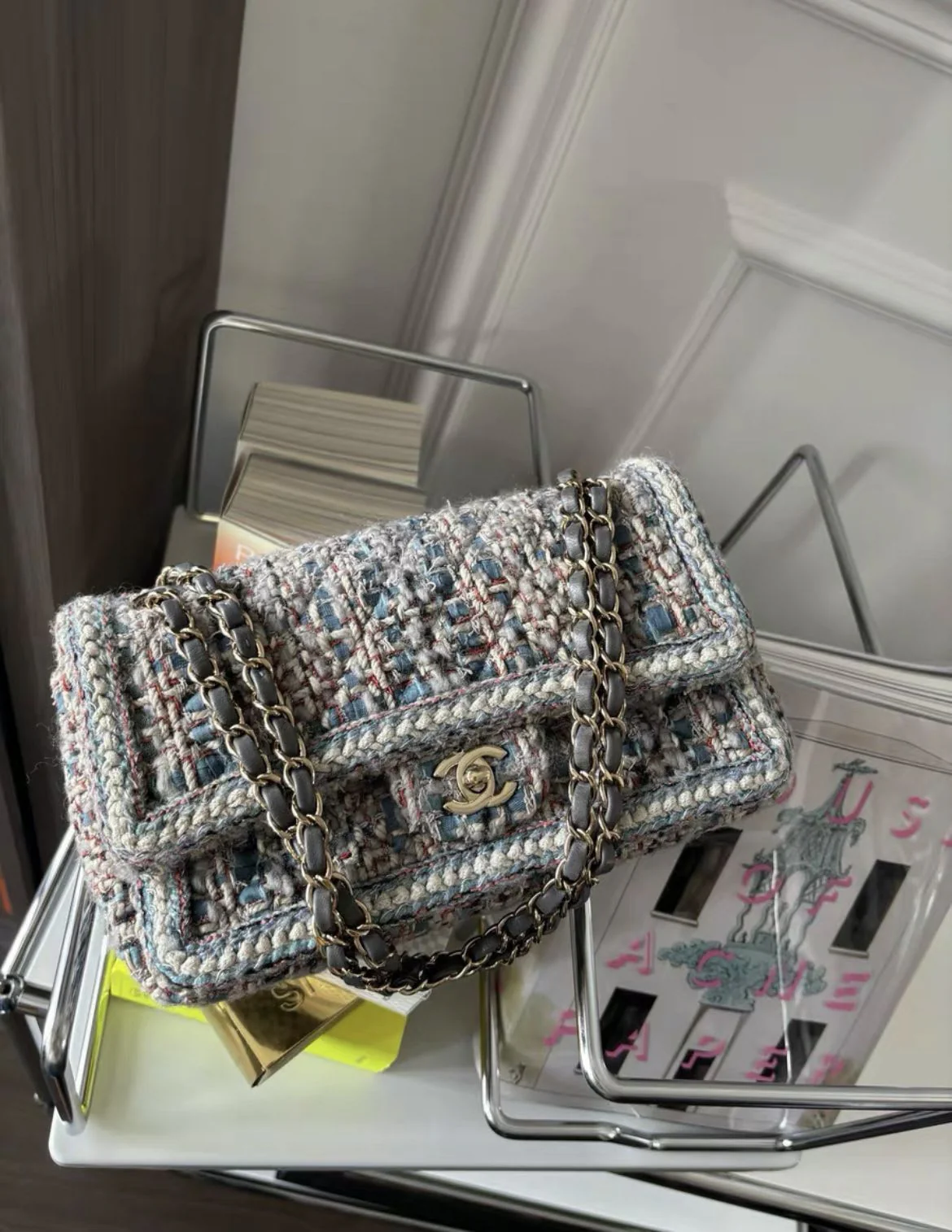 Chanel Classic Double Flap Bag Braided Quilted Tweed Medium - Image 4