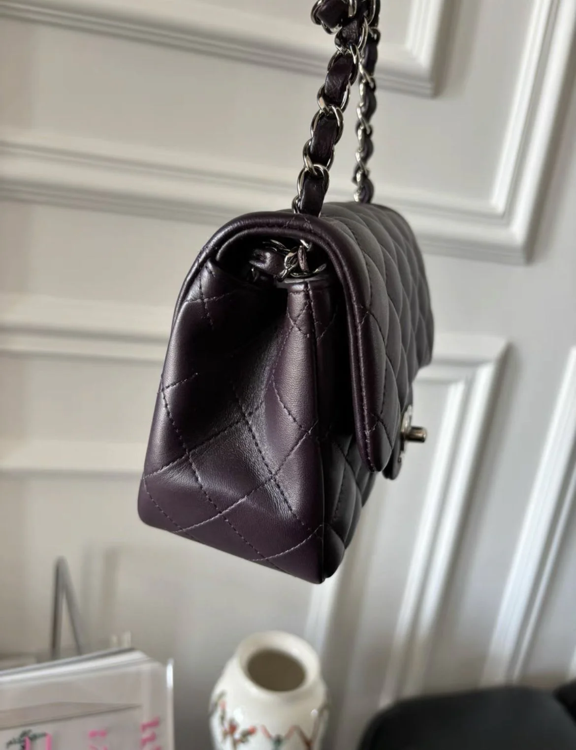 CHANEL Mini Square Flap Lambskin Quilted Dark Purple - Image 5