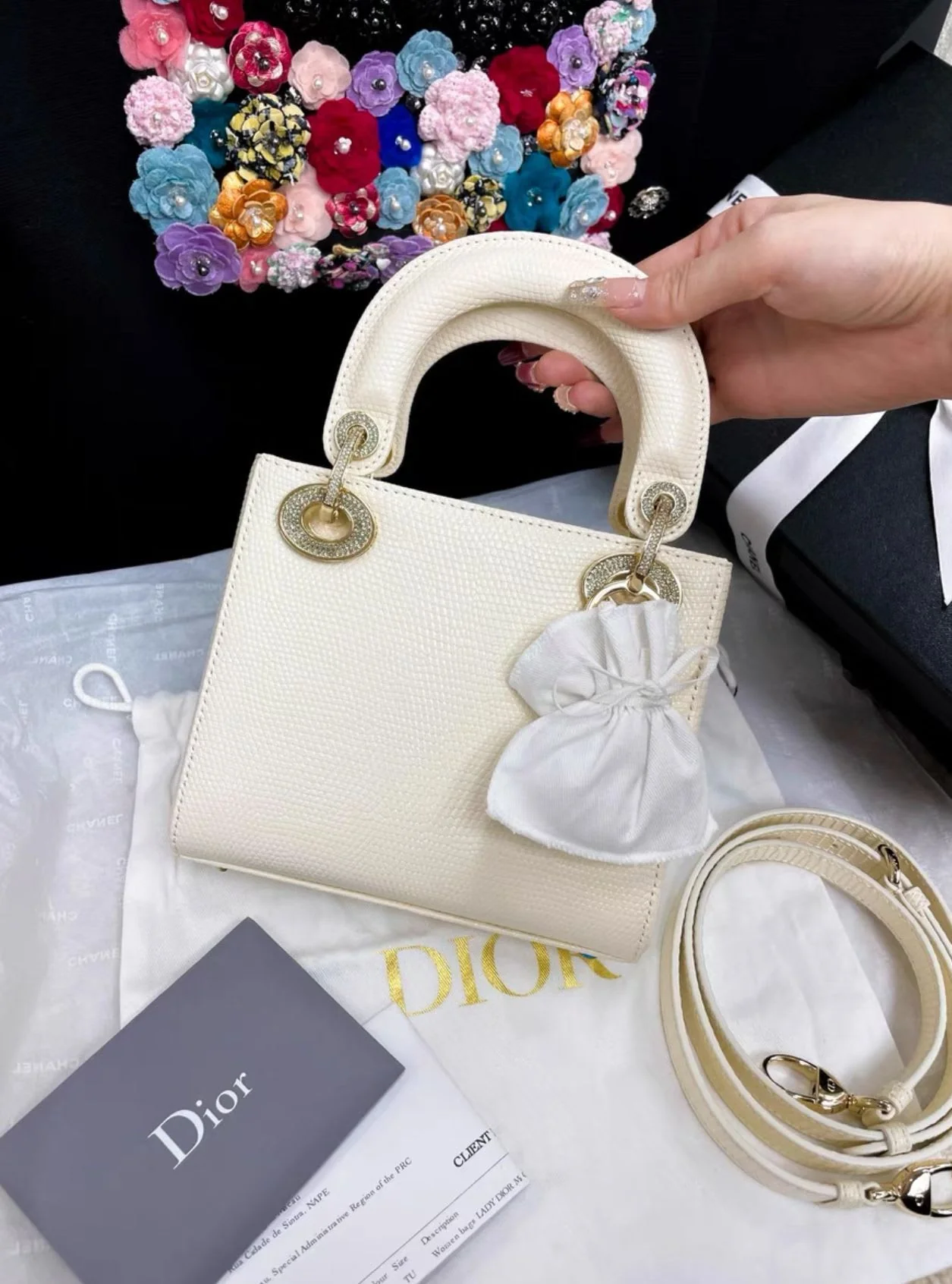 Lady dior off-white rose gold diamond lizard bag