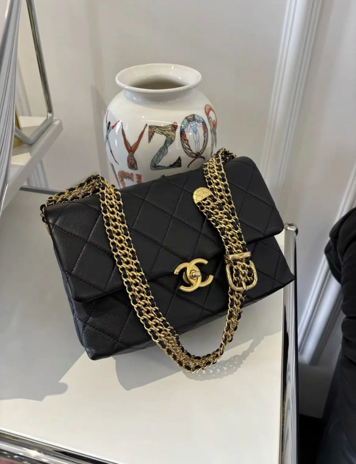 Chanel23s black gold cowhide metal braided belt shoulder strap