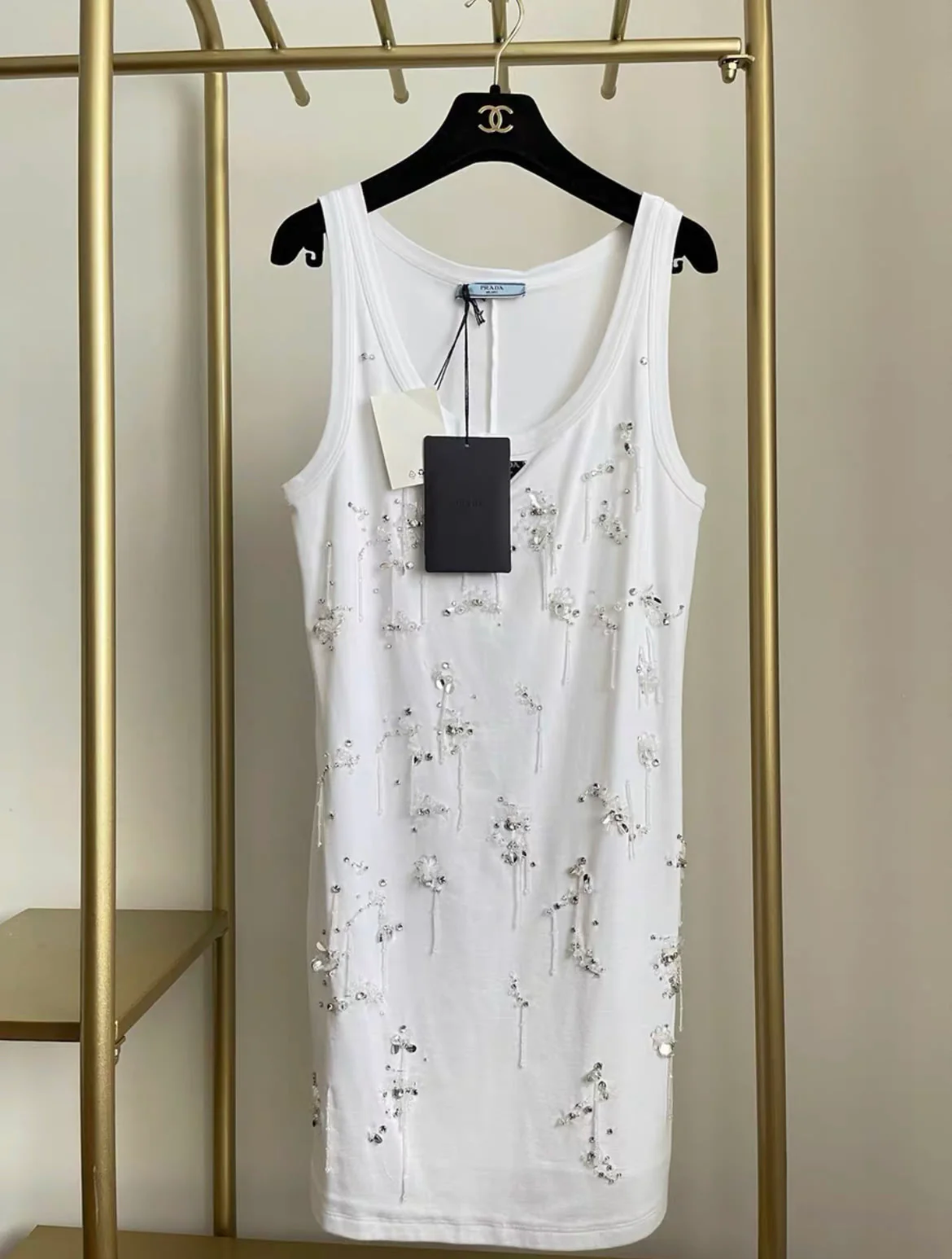Prada Embroidered ribbed jersey dress