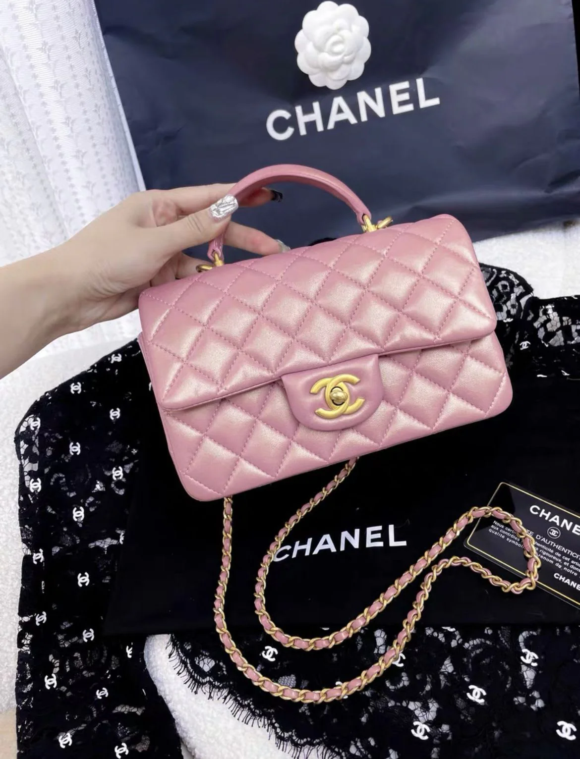 Chanel Mini Rectangular Flap Bag with Top Handle Pink Iridescent Lambskin Antique Gold Hardware - Image 2